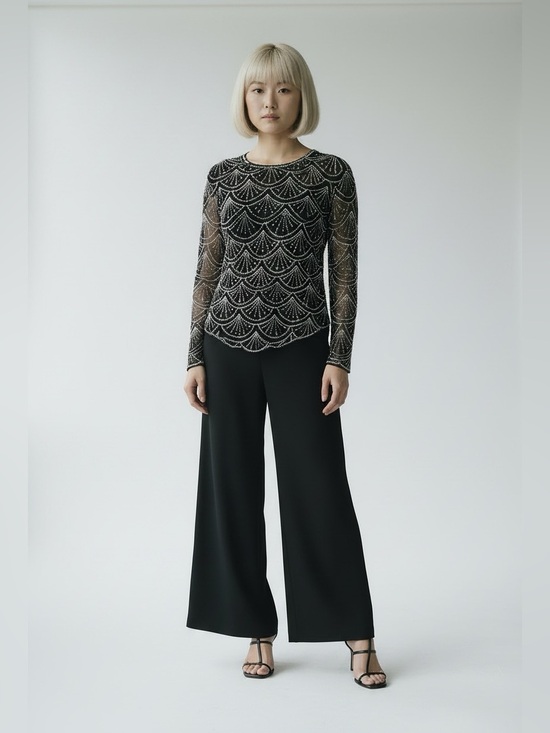 Laurence Kazar Tops - LAURENCE KAZAR VTG black white beaded top scallop designed sheer long sleeve M